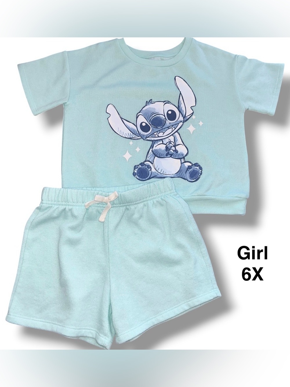 Kids Light Blue Stitch Graphic Set - Short Sleeve Top & Shorts Size 6X